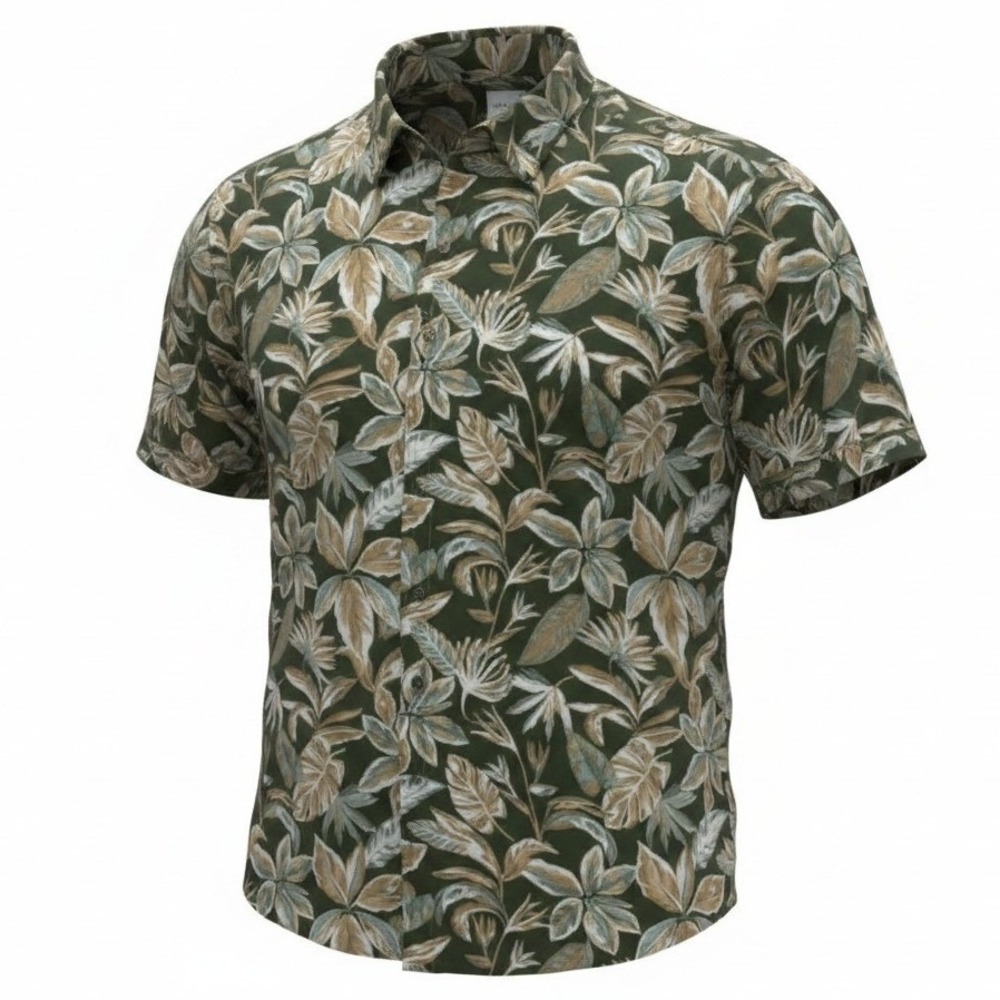 ROWM Button Down Shirt Mens 3XT Green Tropical Leaf Hemp Blend Short Sleeve